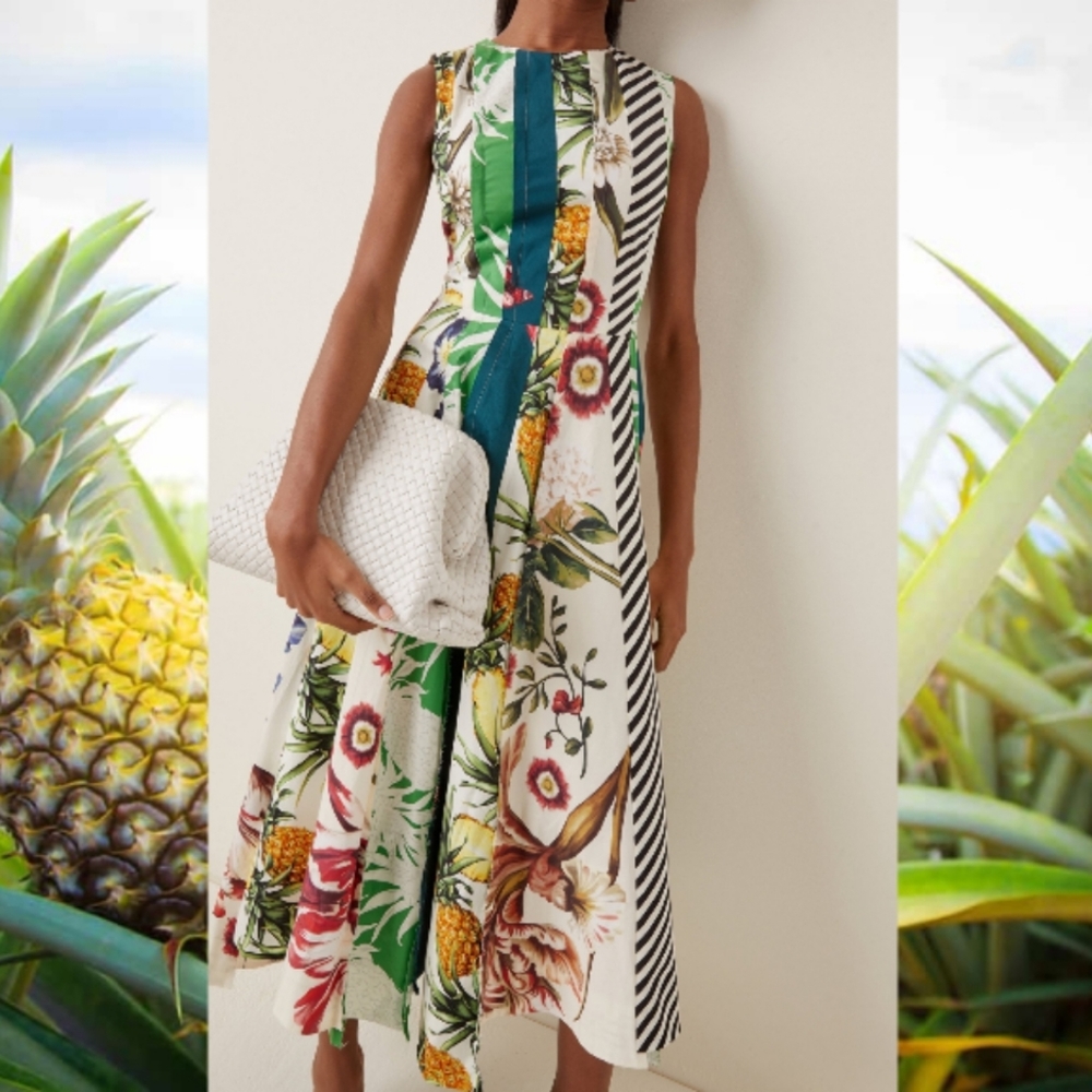 □$2,690 OSCAR DE LA RENTA GORGEOUS PINEAPPLE PATCHWORK MIDI DRESS US S.
